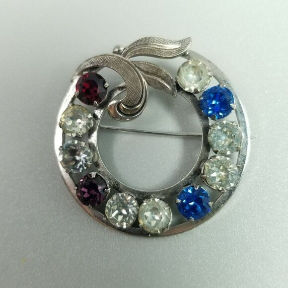 Vintage Sterling Silver Rhinestone Circle Wreath Brooch, Blue Red, Signed - Picture 7 of 8